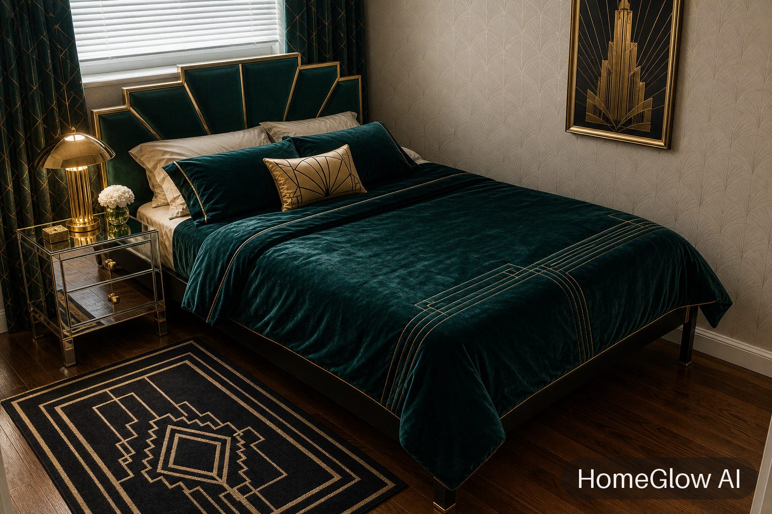 The same bedroom redesigned in Art deco by HomeGlow