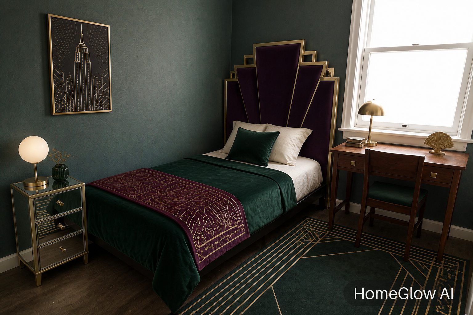 The same bedroom redesigned in Art deco by HomeGlow