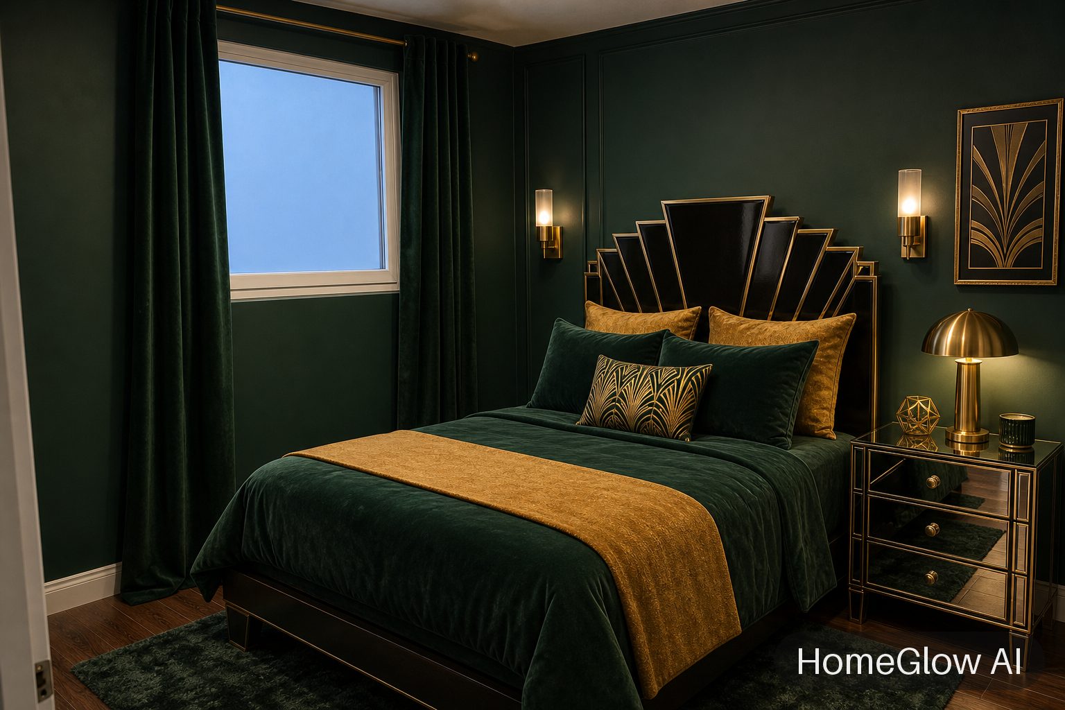 The same bedroom redesigned in Art deco by HomeGlow