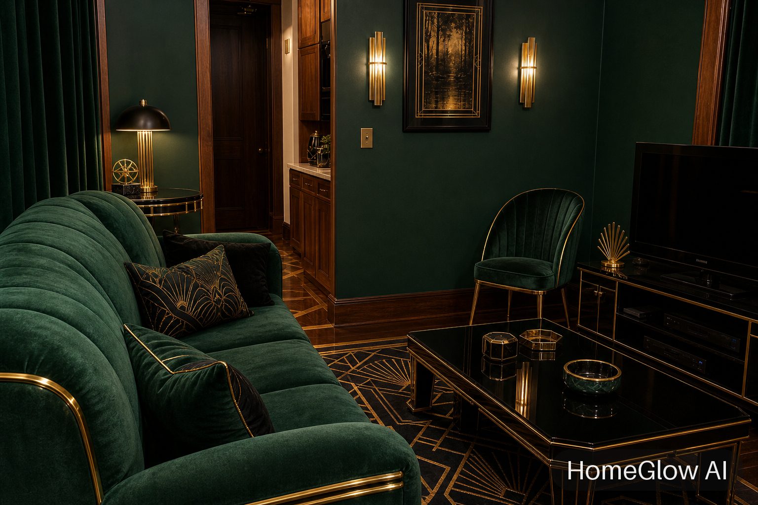 The same living room redesigned in Art deco by HomeGlow