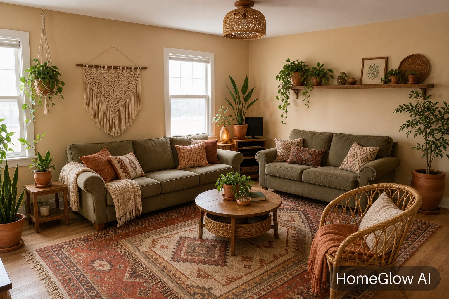The same living room redesigned in Boho by HomeGlow