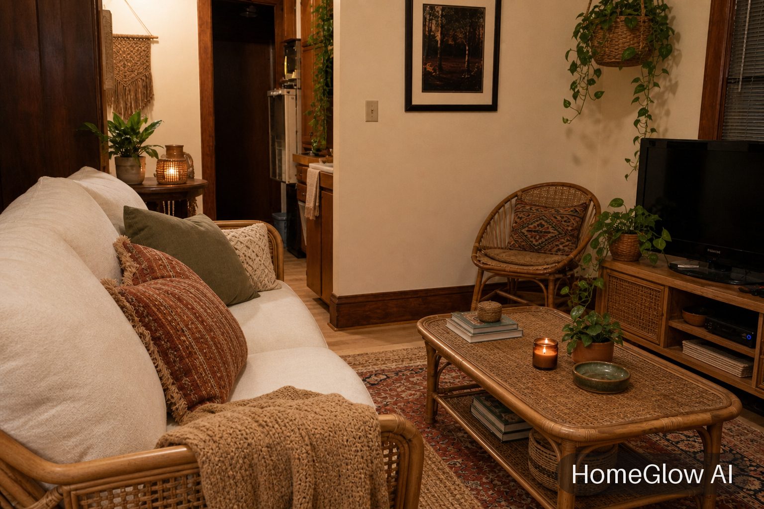 The same living room redesigned in Boho by HomeGlow