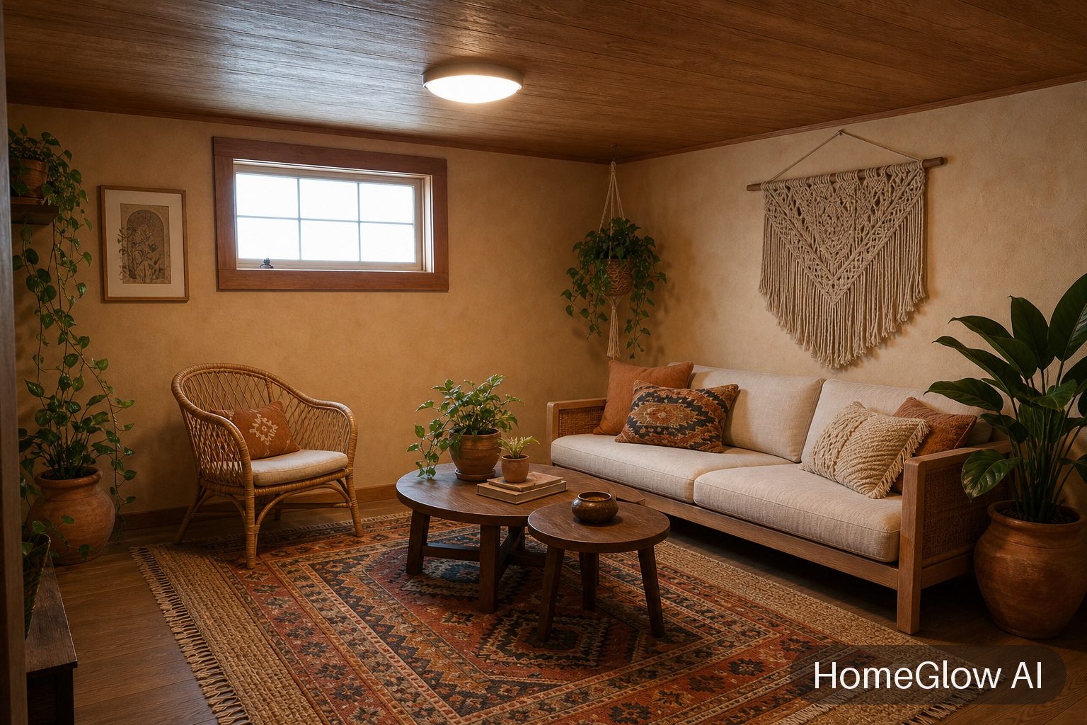 The same living room redesigned in Boho by HomeGlow