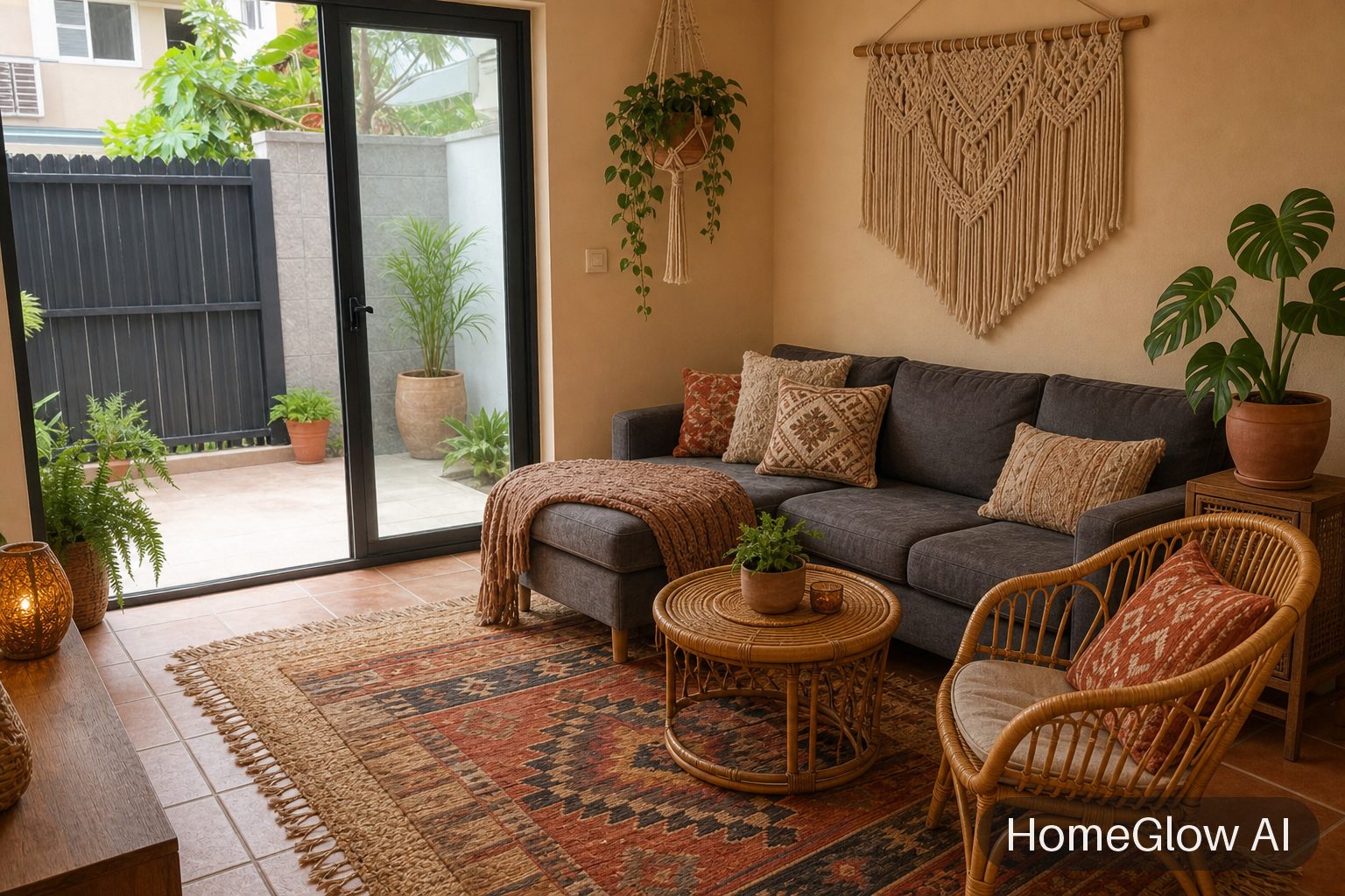 The same living room redesigned in Boho by HomeGlow