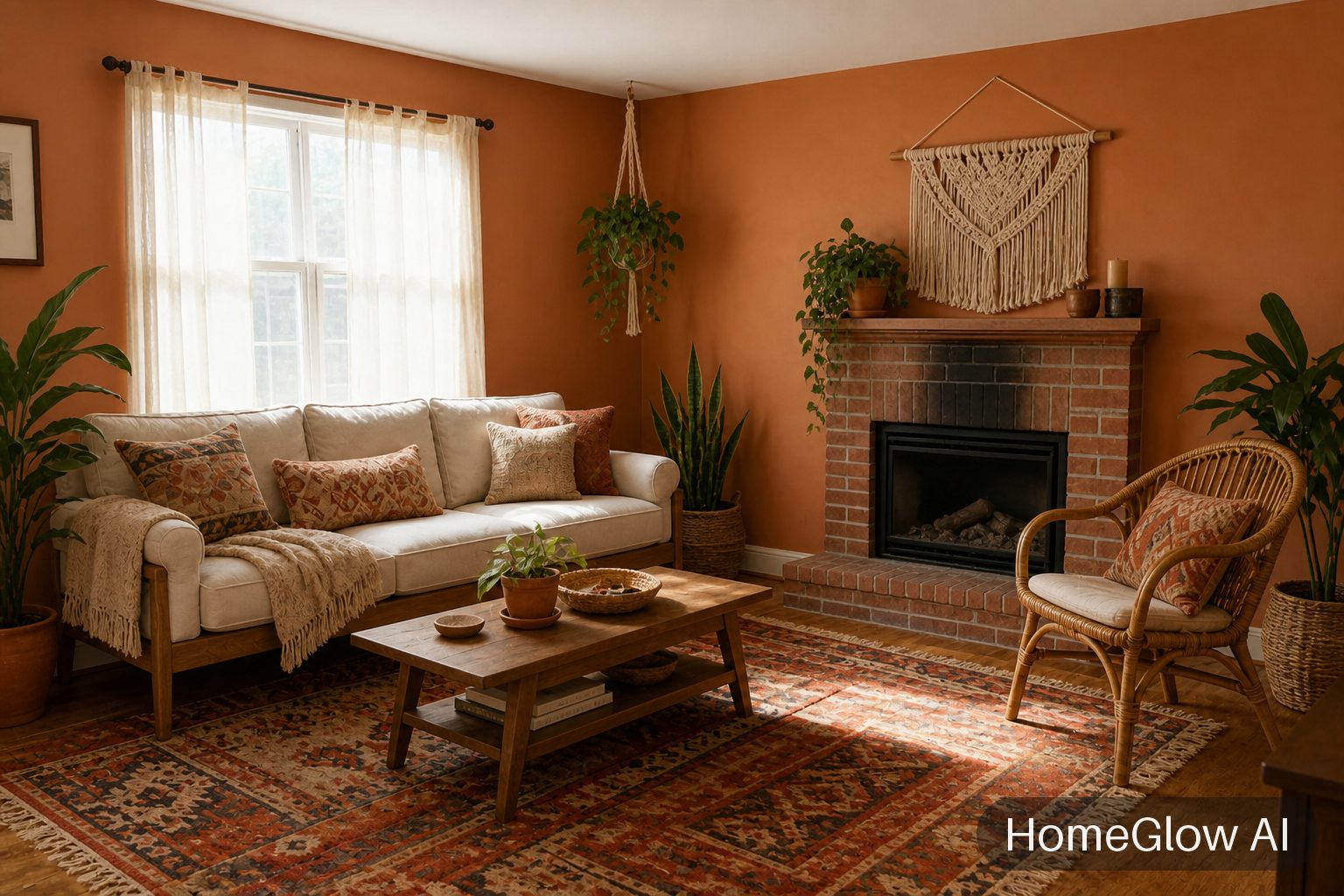 The same living room redesigned in Boho by HomeGlow