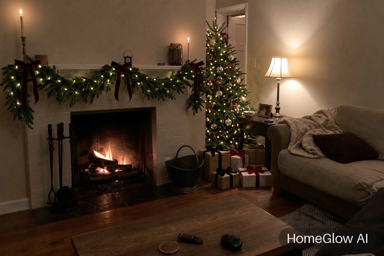 The same living room redesigned in Christmas by HomeGlow