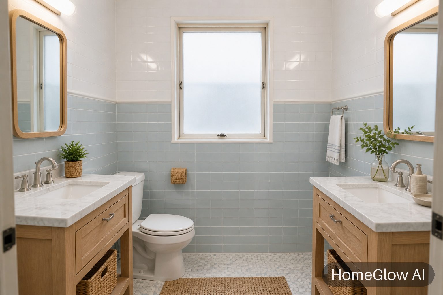 The same bathroom redesigned in Coastal by HomeGlow