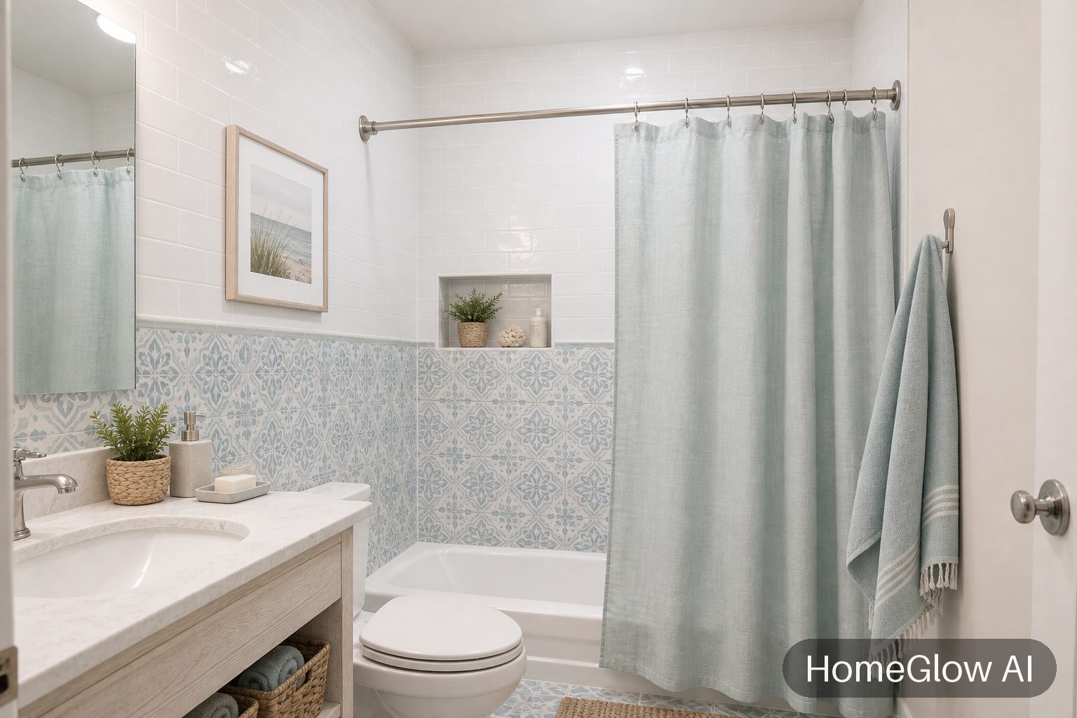 The same bathroom redesigned in Coastal by HomeGlow