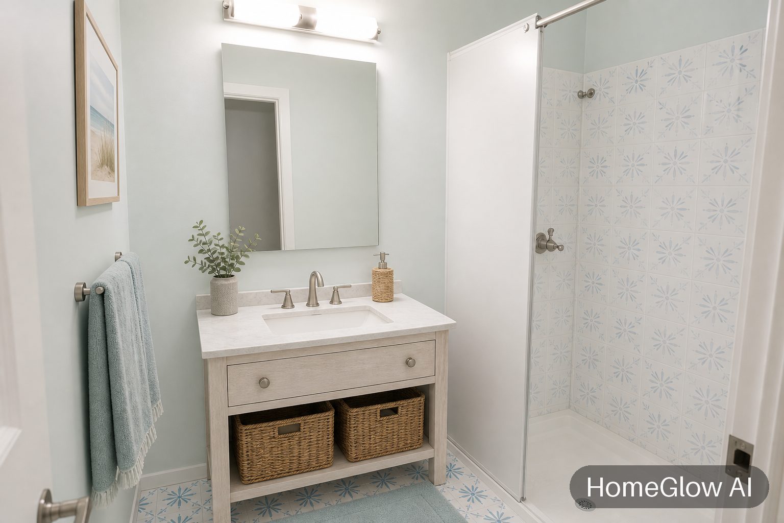The same bathroom redesigned in Coastal by HomeGlow