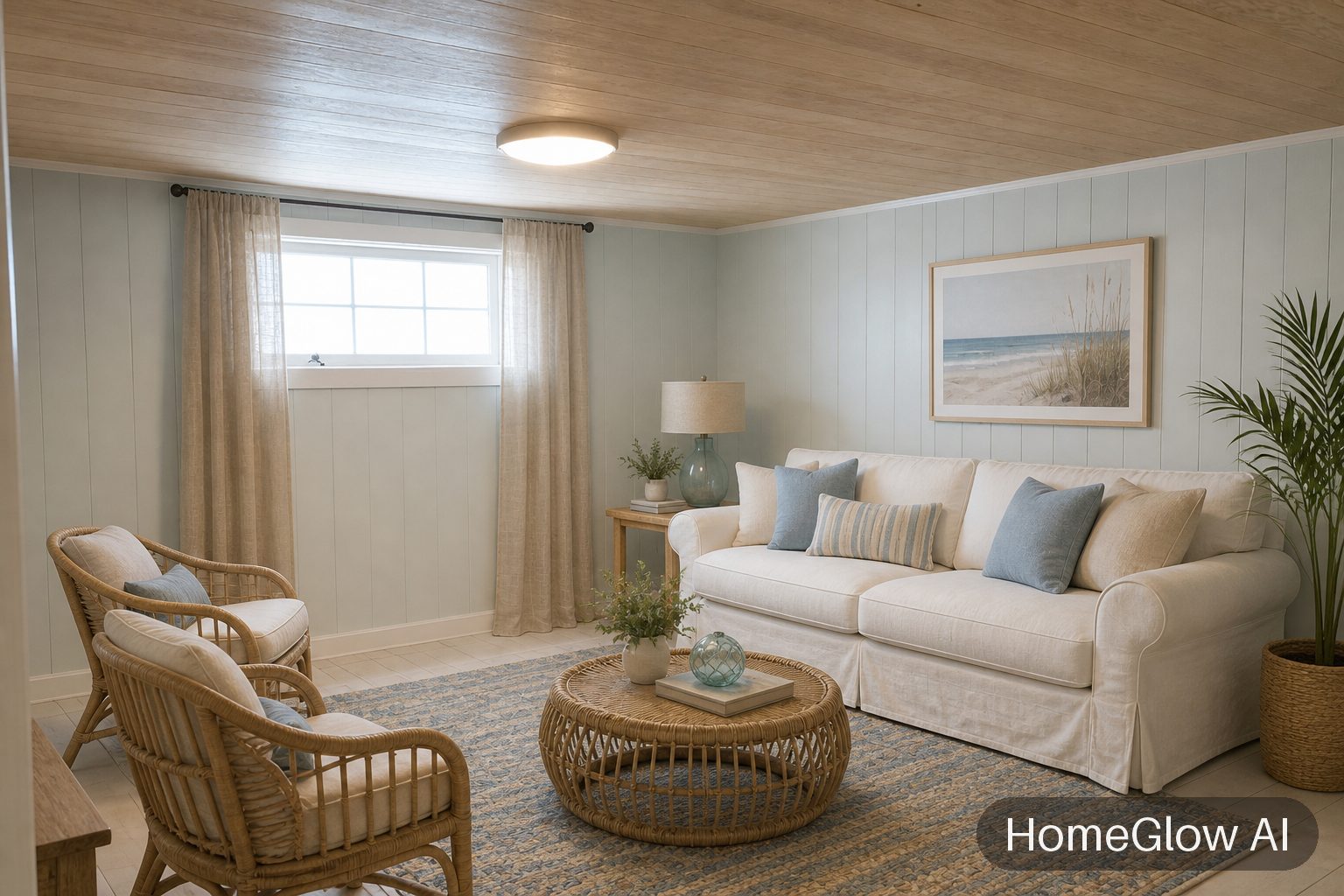 The same living room redesigned in Coastal by HomeGlow