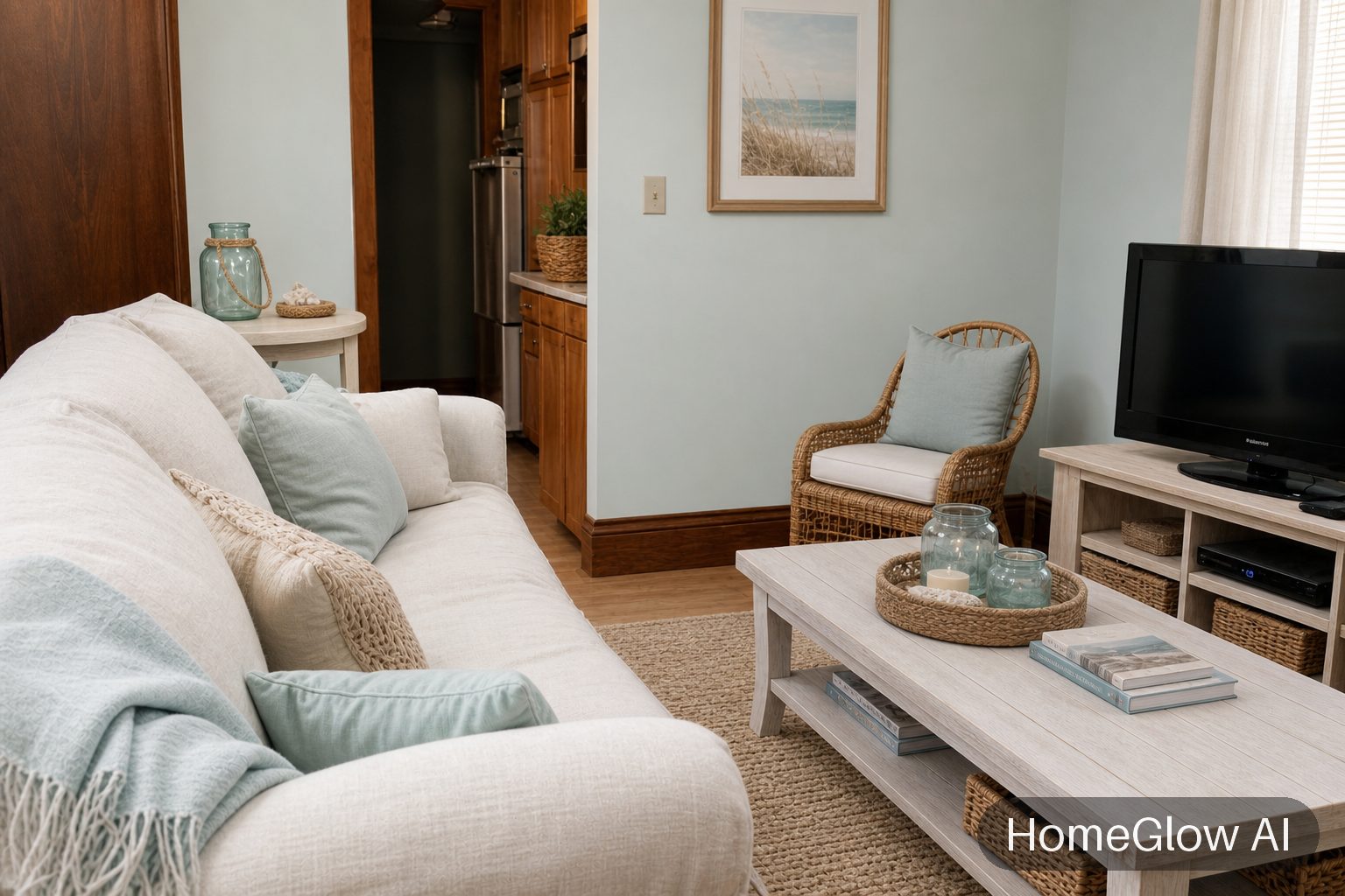 The same living room redesigned in Coastal by HomeGlow
