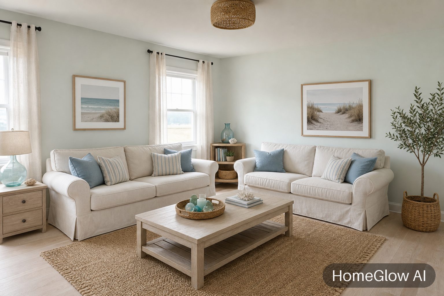 The same living room redesigned in Coastal by HomeGlow
