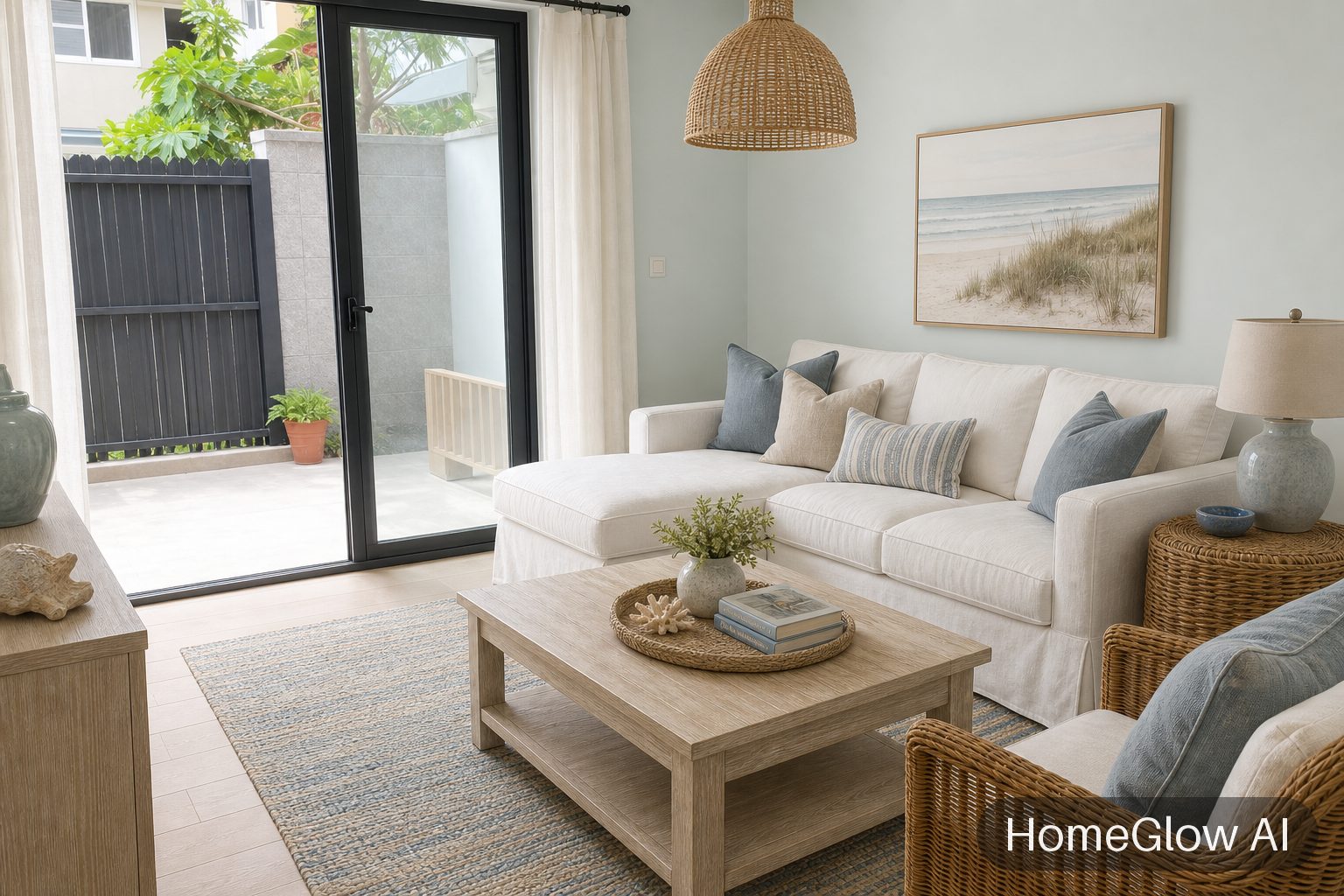 The same living room redesigned in Coastal by HomeGlow