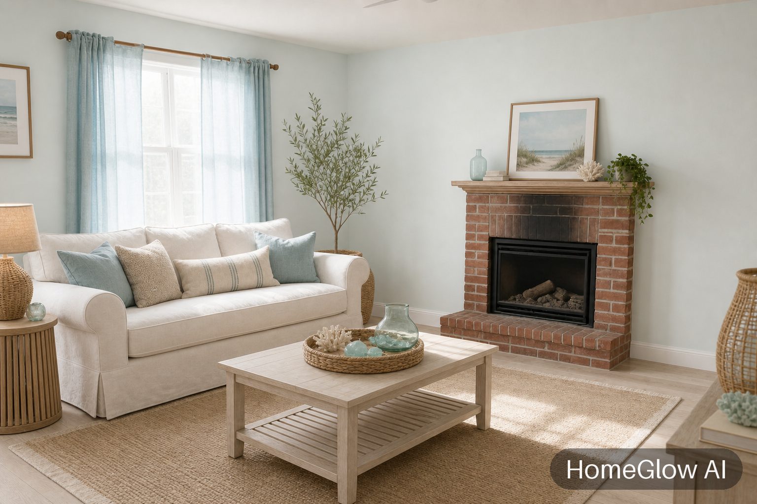 The same living room redesigned in Coastal by HomeGlow