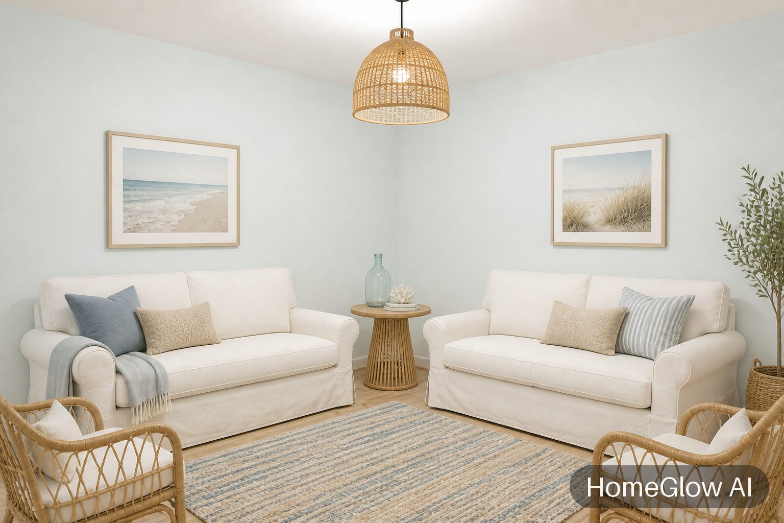 The same living room redesigned in Coastal by HomeGlow
