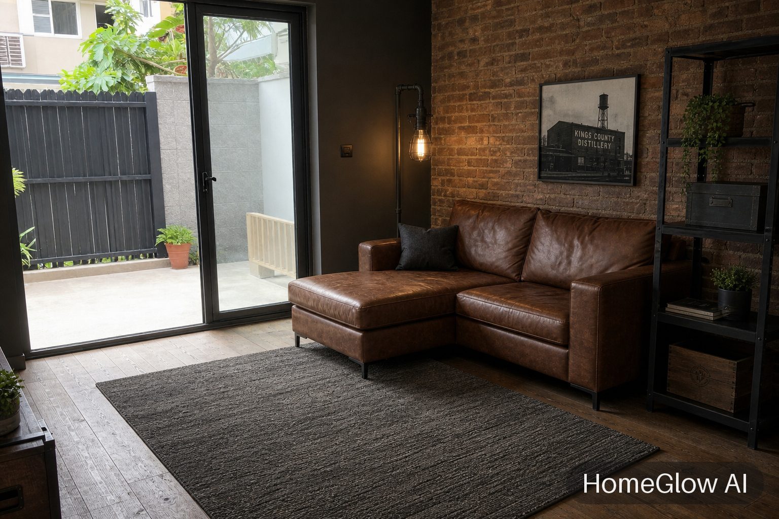 The same living room redesigned in Industrial by HomeGlow
