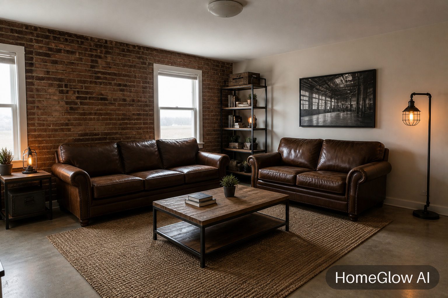 The same living room redesigned in Industrial by HomeGlow