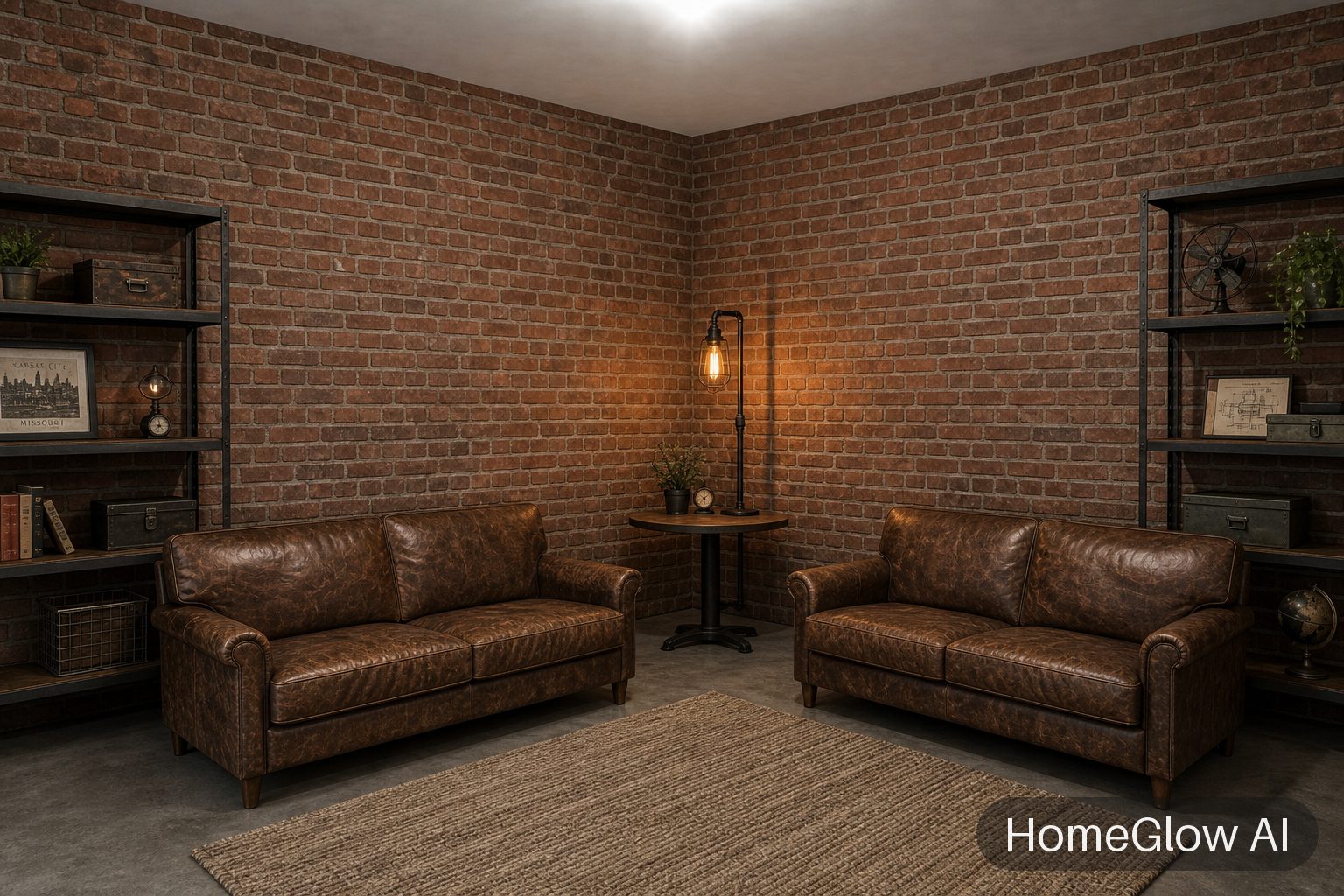 The same living room redesigned in Industrial by HomeGlow