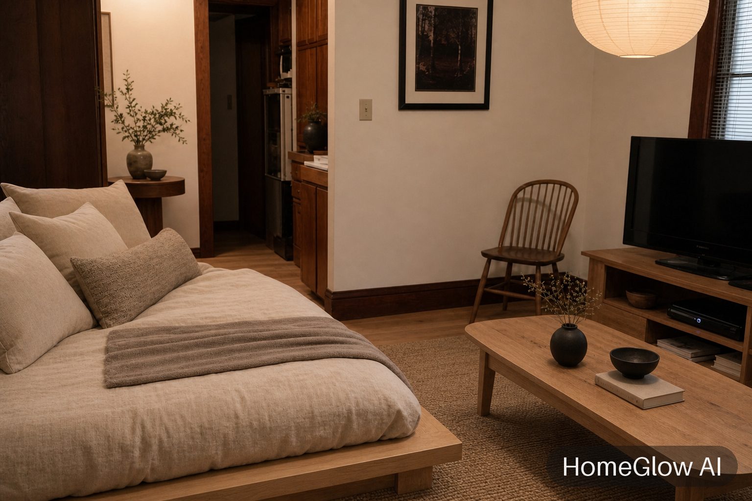 The same bedroom redesigned in Japandi by HomeGlow