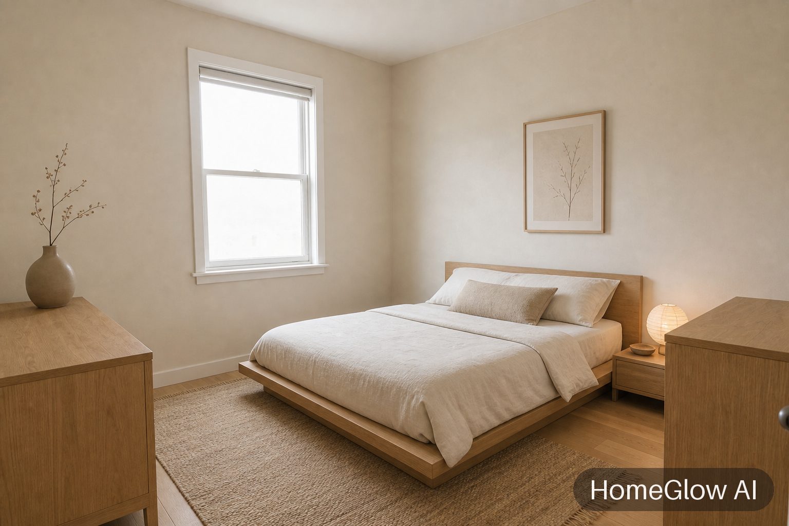 The same bedroom redesigned in Japandi by HomeGlow