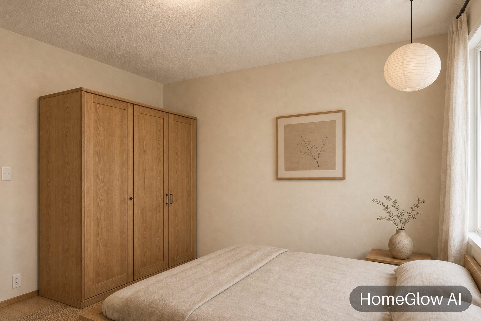 The same bedroom redesigned in Japandi by HomeGlow