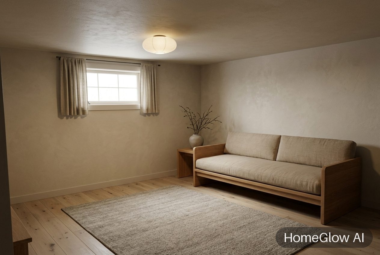 The same living room redesigned in Japandi by HomeGlow