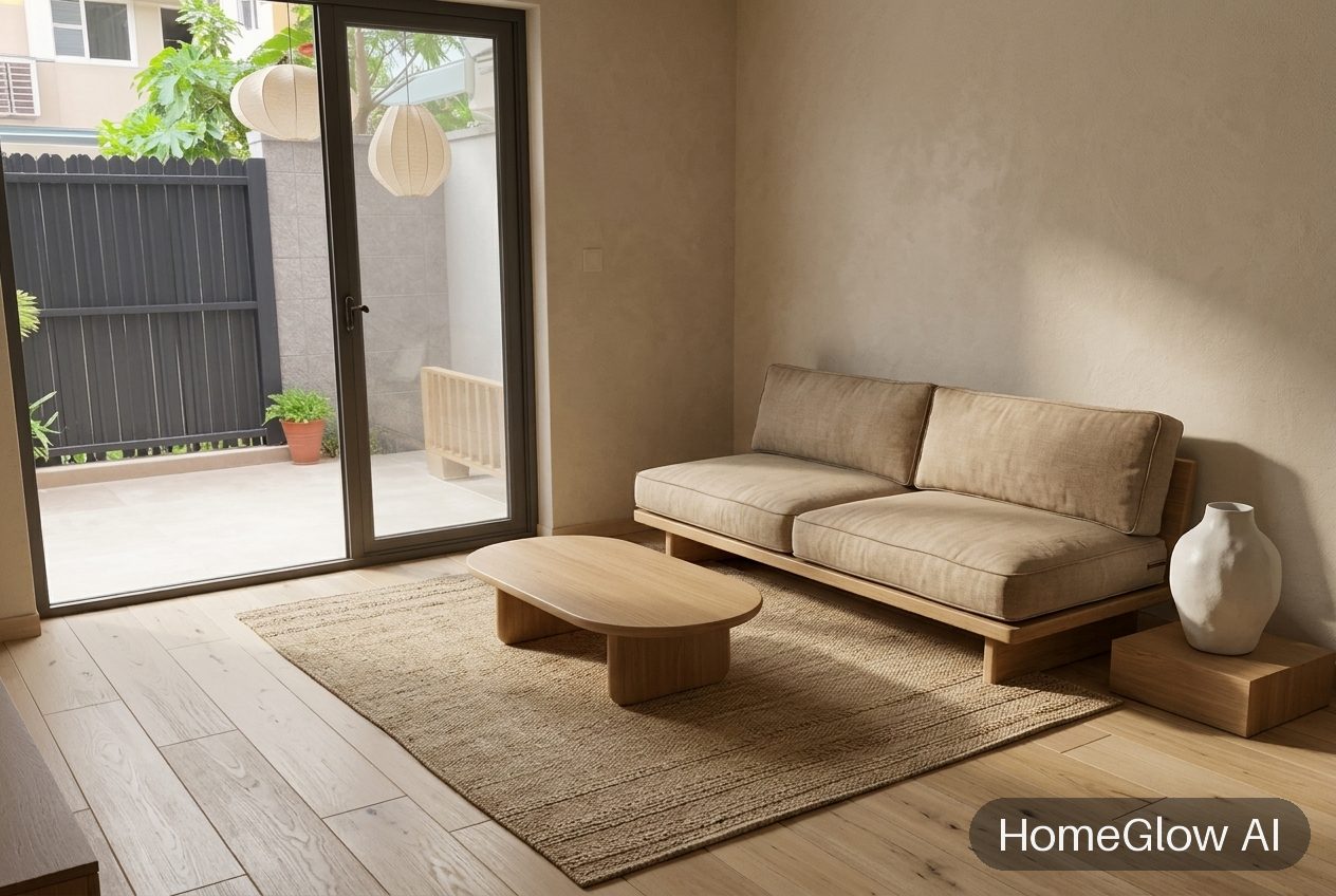The same living room redesigned in Japandi by HomeGlow