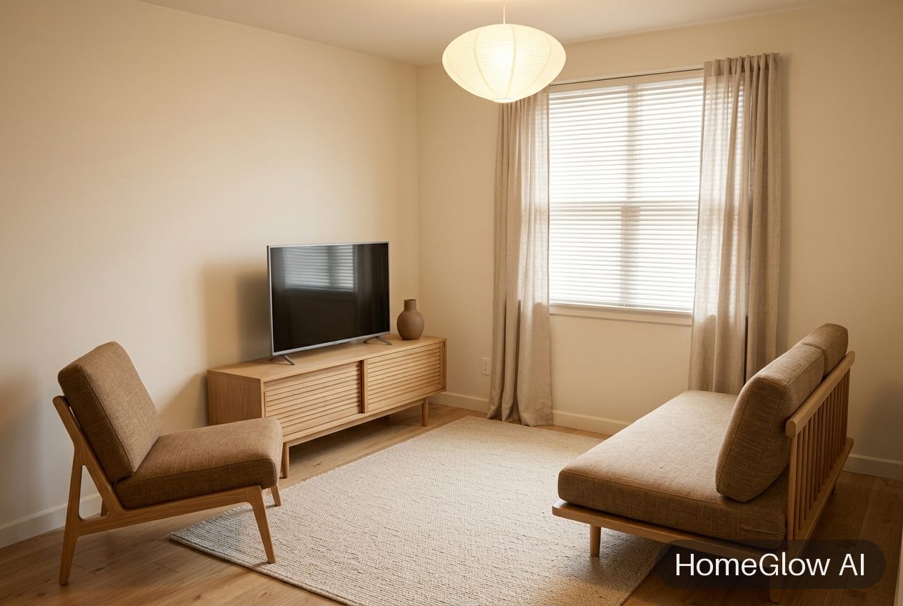 The same living room redesigned in Japandi by HomeGlow