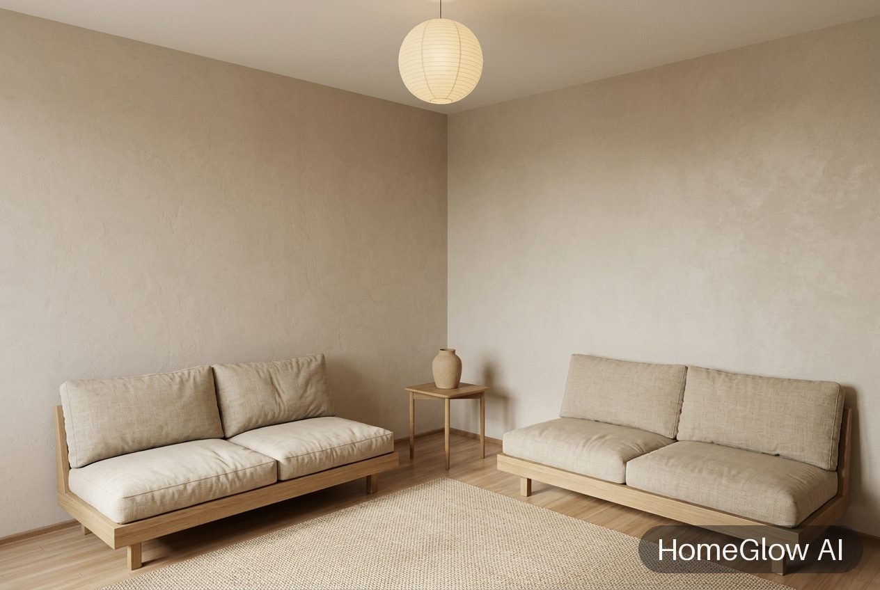 The same living room redesigned in Japandi by HomeGlow