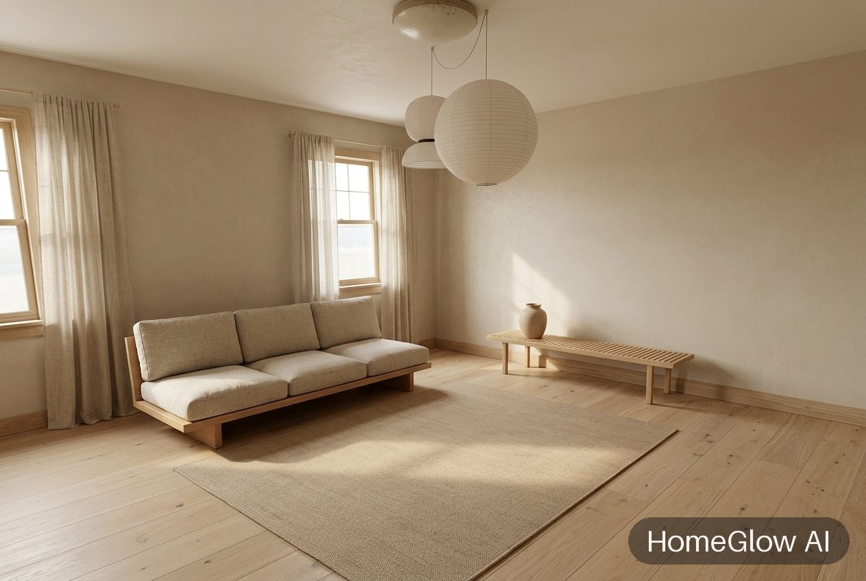 The same living room redesigned in Japandi by HomeGlow