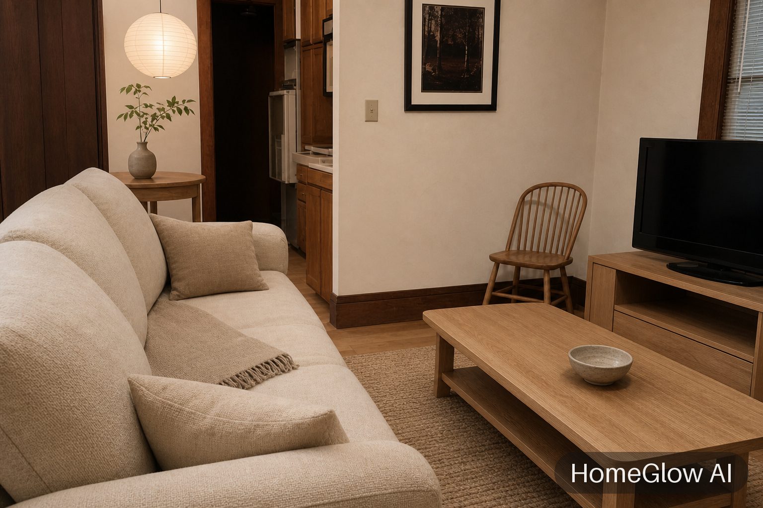 The same living room redesigned in Japandi by HomeGlow
