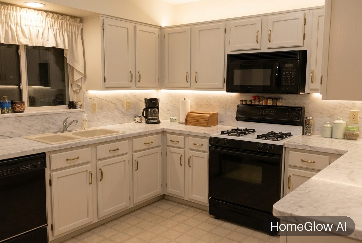 The same kitchen redesigned in Marble & brass by HomeGlow