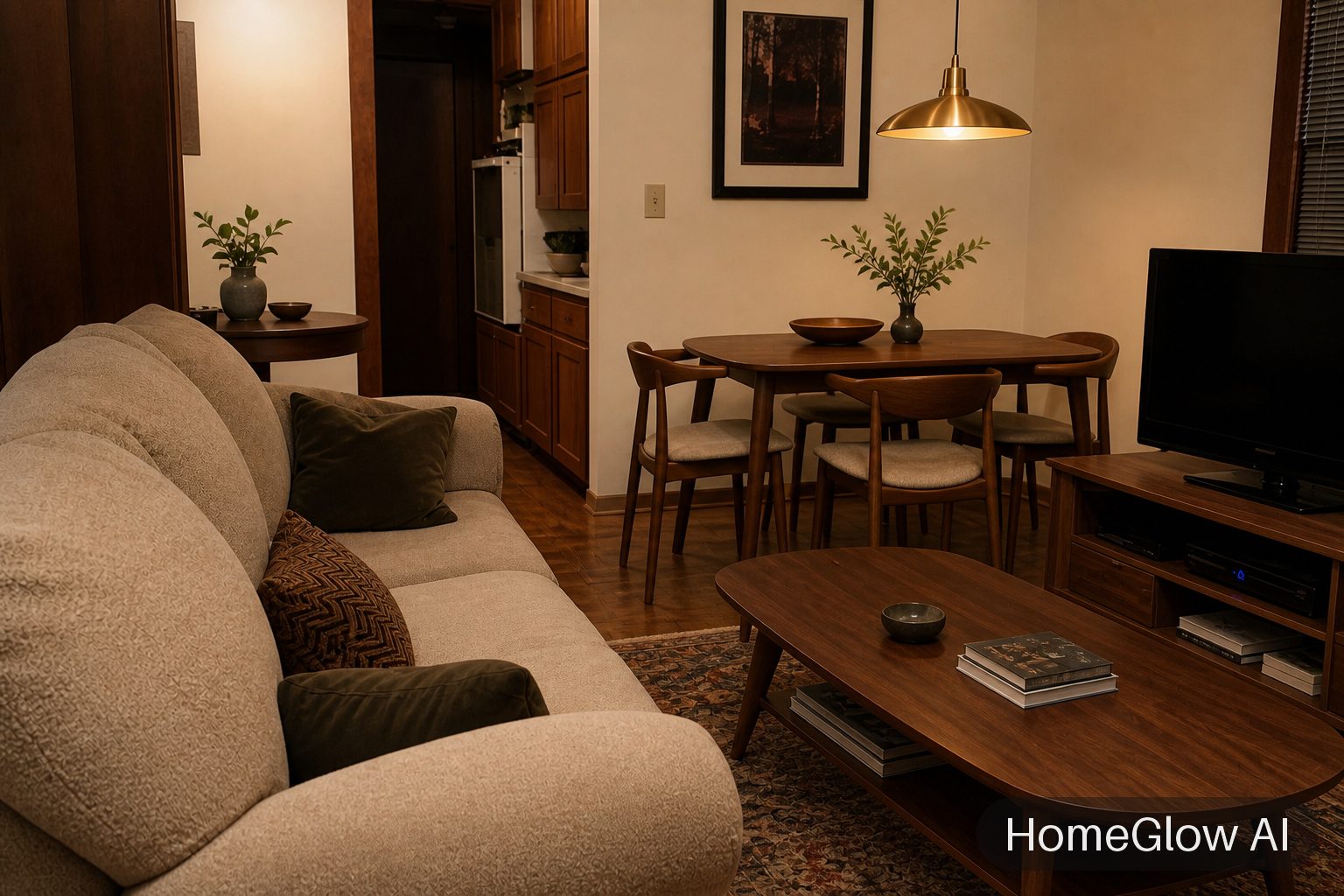 The same dining room redesigned in Mid-century by HomeGlow
