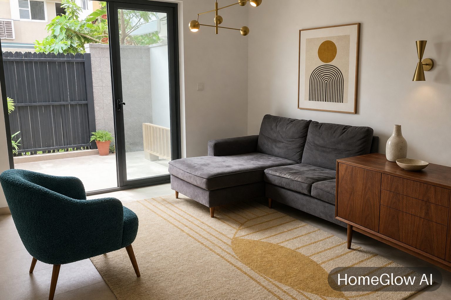The same living room redesigned in Mid-century by HomeGlow