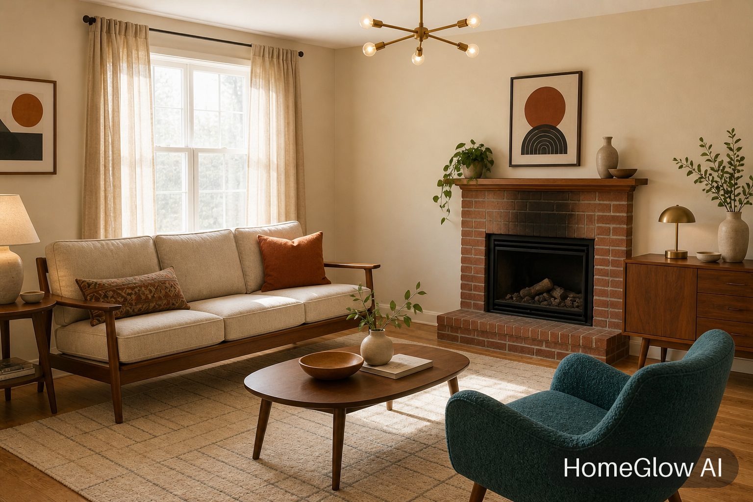 The same living room redesigned in Mid-century by HomeGlow