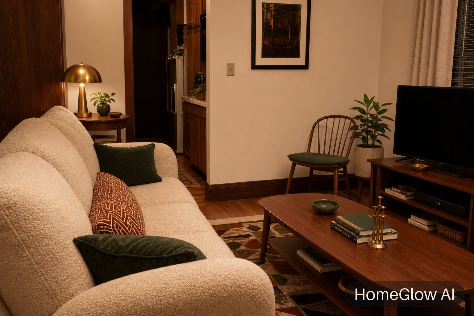 The same living room redesigned in Mid-century by HomeGlow