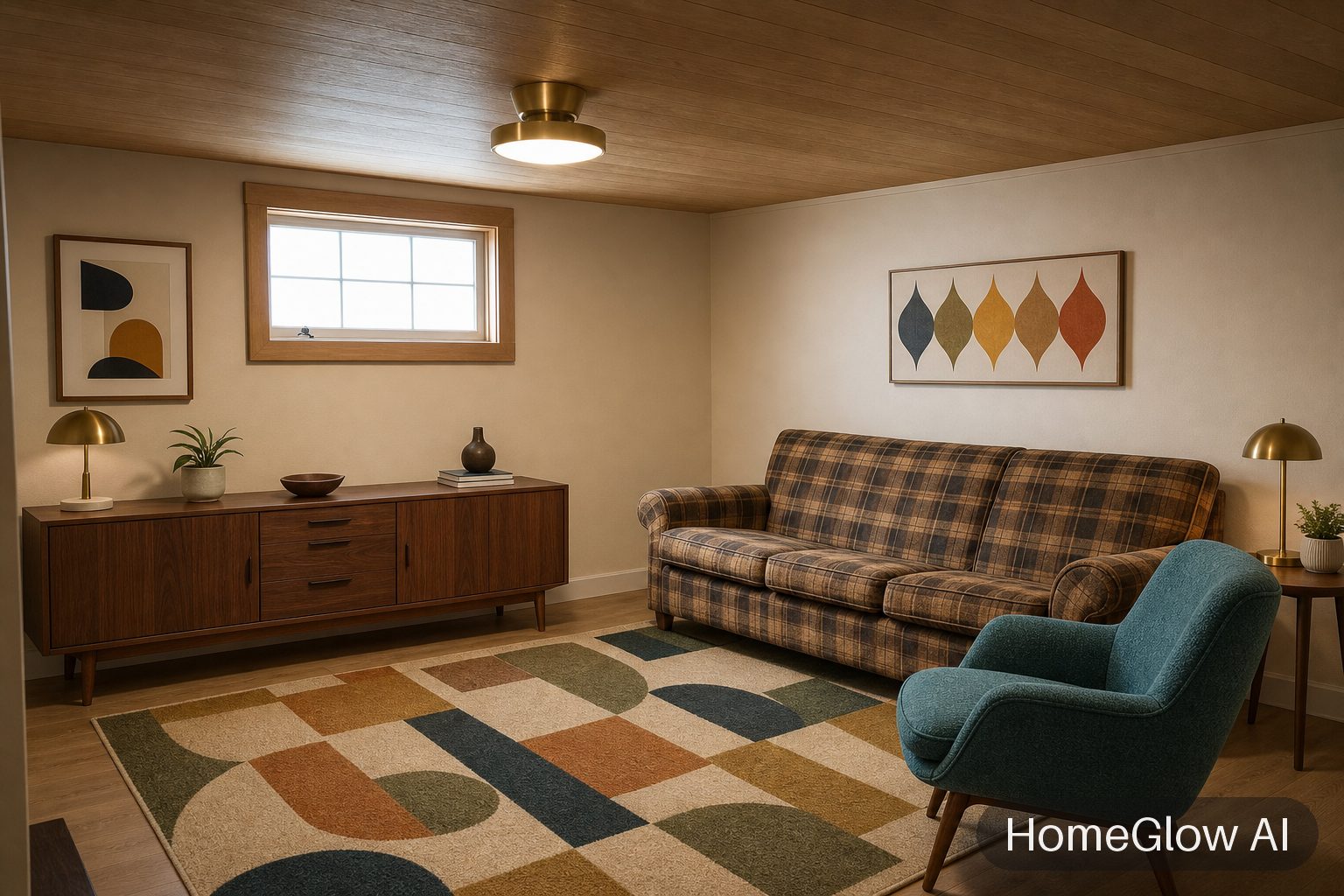 The same living room redesigned in Mid-century by HomeGlow