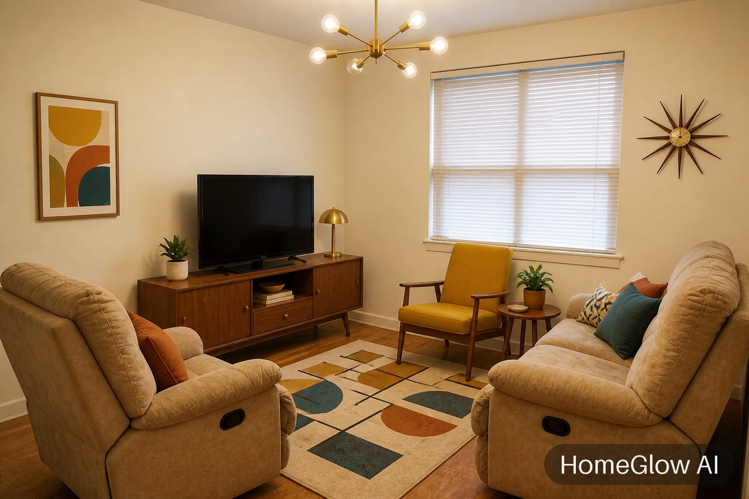The same living room redesigned in Mid-century by HomeGlow