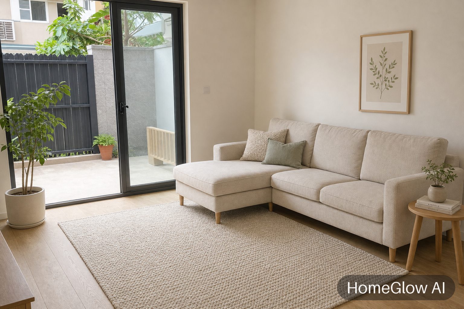 The same living room redesigned in Scandinavian by HomeGlow