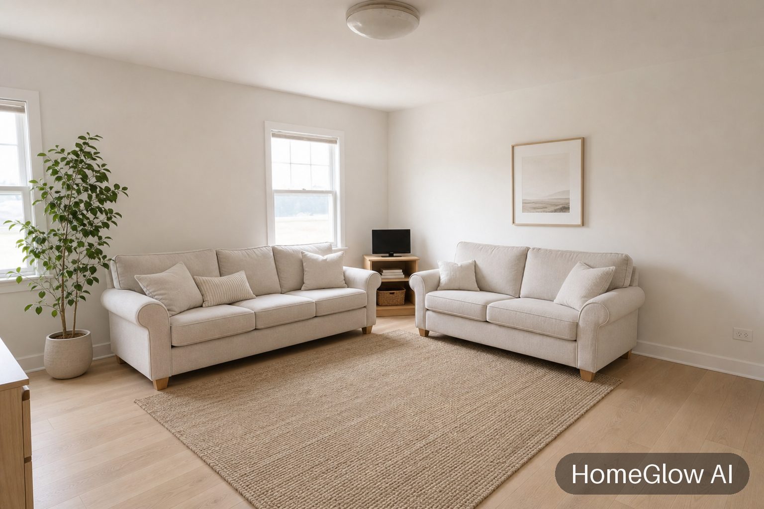 The same living room redesigned in Scandinavian by HomeGlow