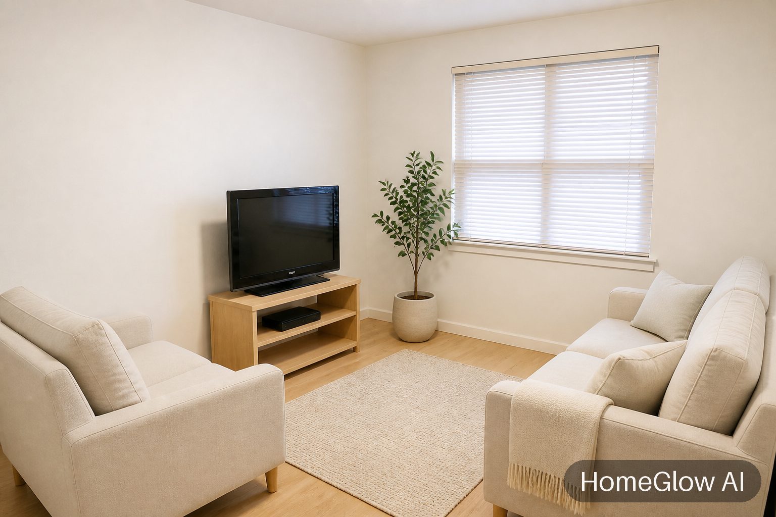 The same living room redesigned in Scandinavian by HomeGlow