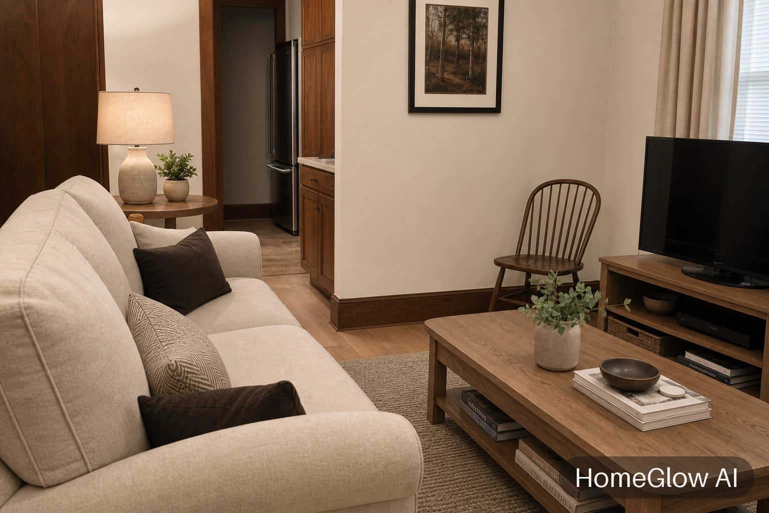 The same living room redesigned in Transitional by HomeGlow
