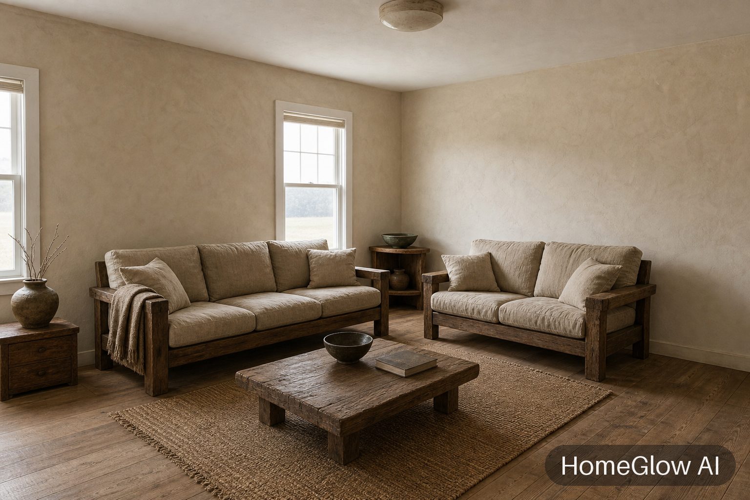 The same living room redesigned in Wabi-sabi by HomeGlow