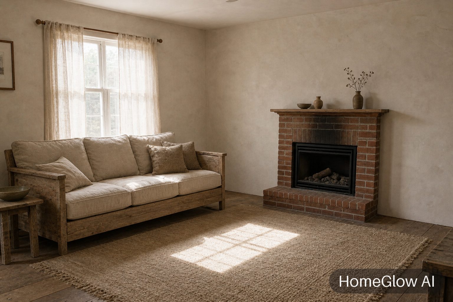 The same living room redesigned in Wabi-sabi by HomeGlow