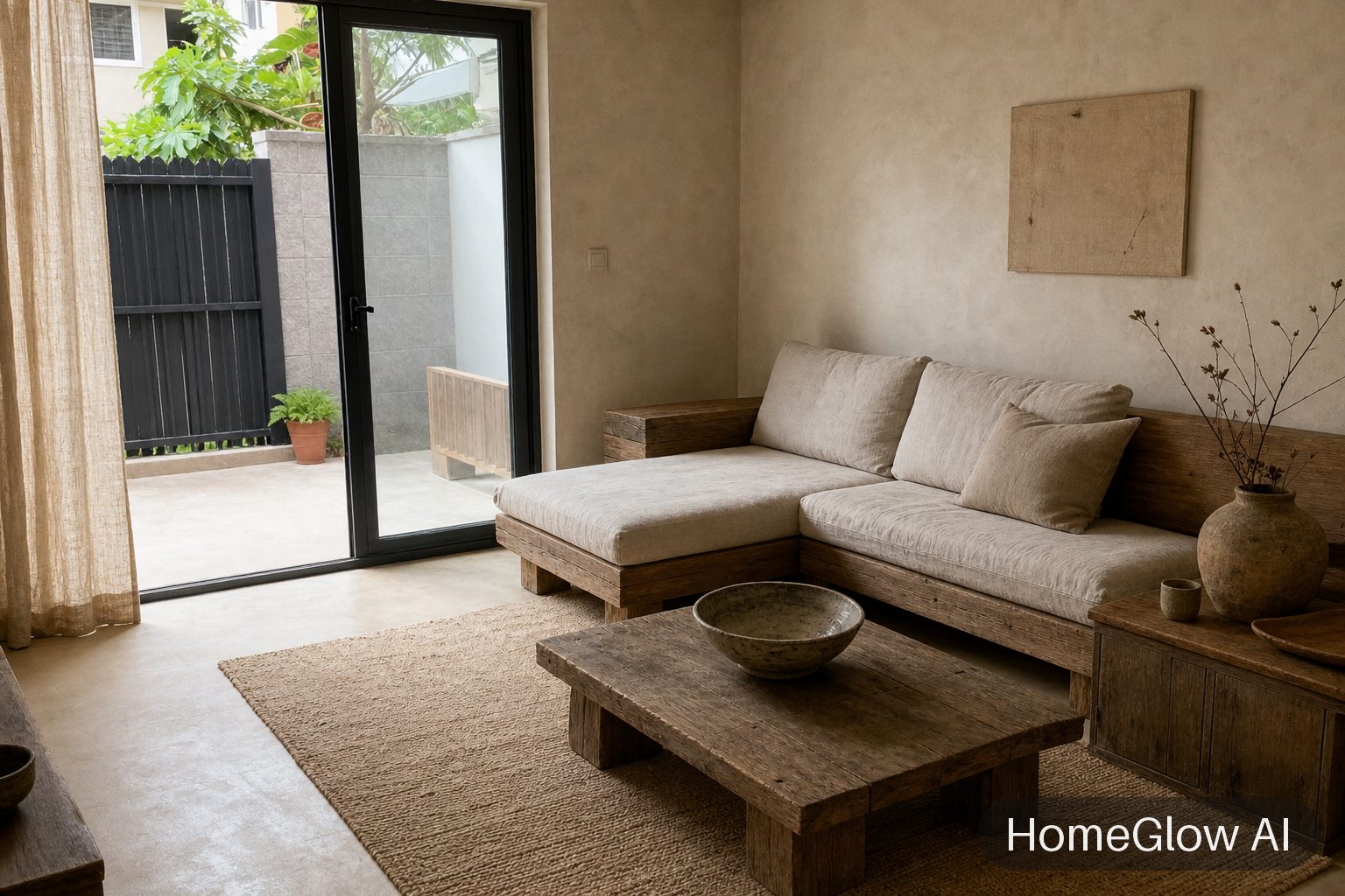 The same living room redesigned in Wabi-sabi by HomeGlow