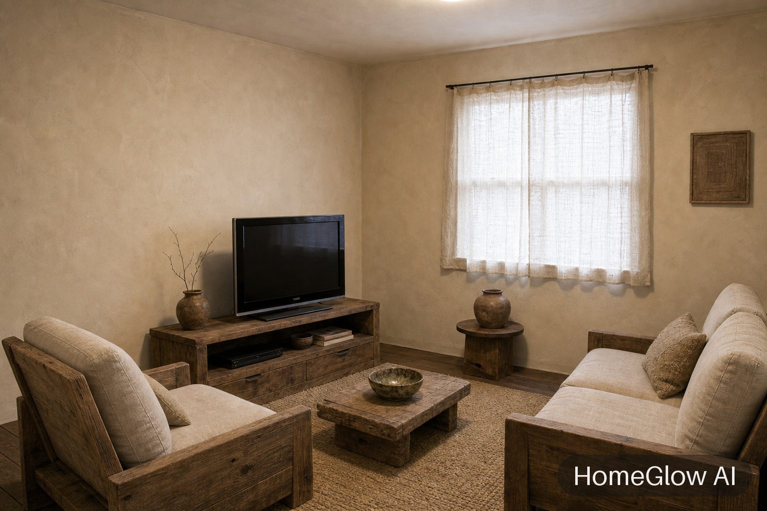 The same living room redesigned in Wabi-sabi by HomeGlow